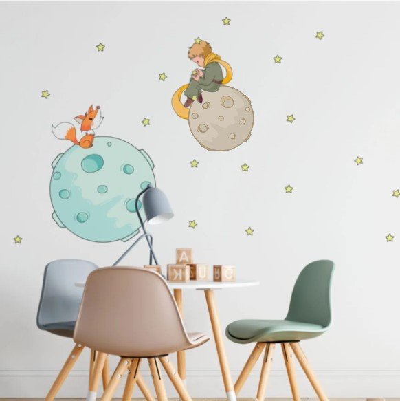 PAPEL DE PERDE PEQUENO PRINCIPE AQUARELA PLANETA E RAPOUSA