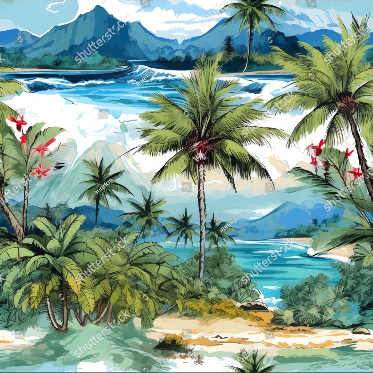 PAPEL DE PAREDE SURF HAVAI PRAIA AQUARELA COM COQUEIROS