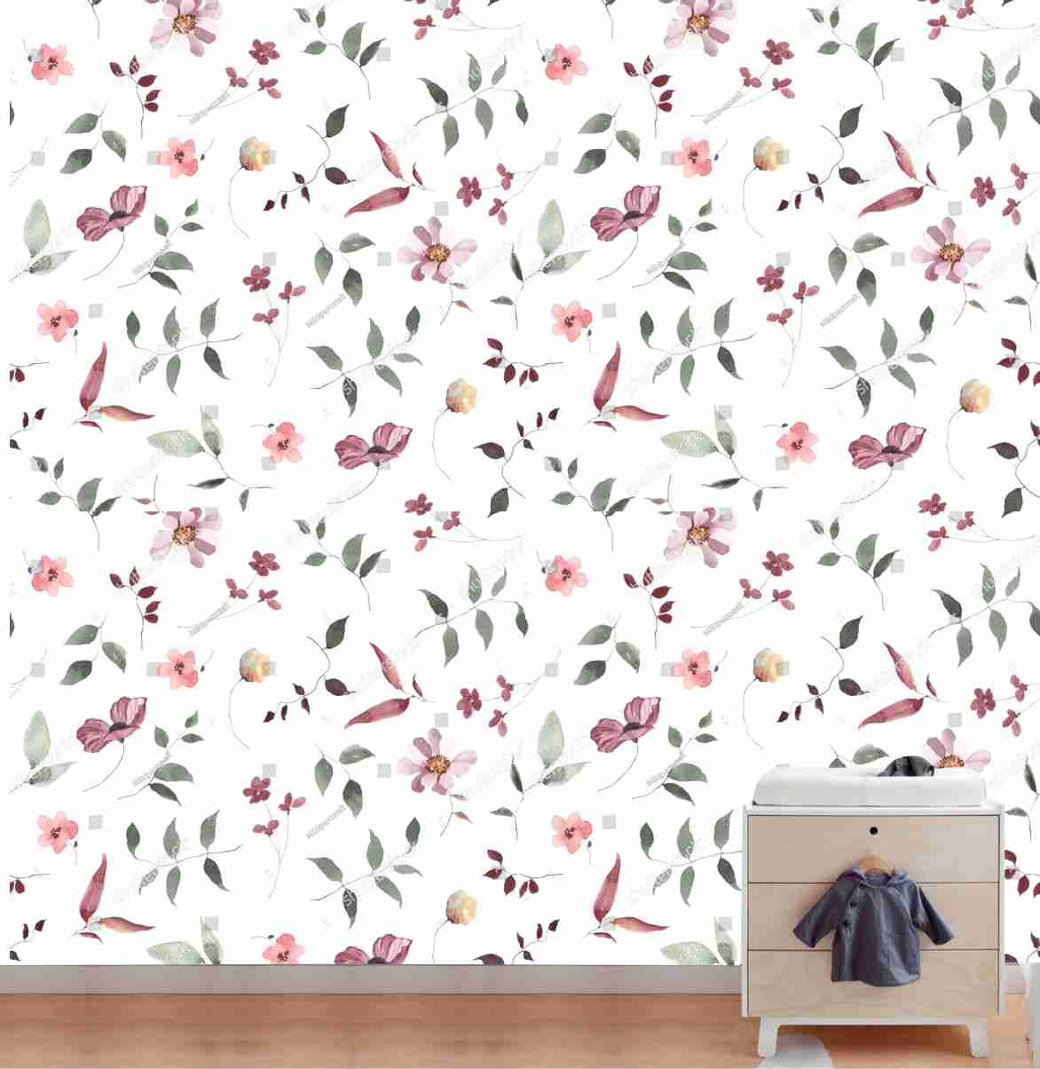 PAPEL DE PAREDE FLORES AQUARELA FOLHAS