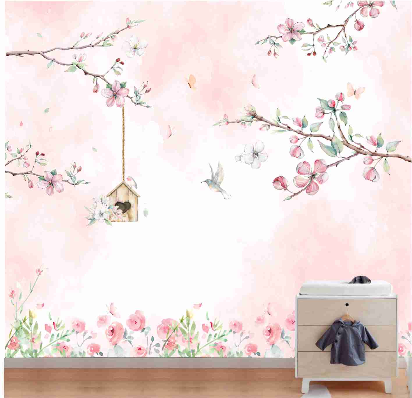 PAPEL DE PAREDE GALHOS E ARVORE AQUARELA COM BORBOLETAS