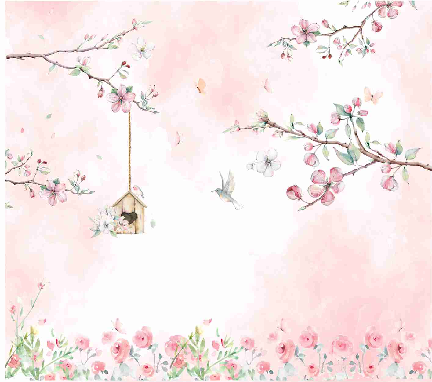 PAPEL DE PAREDE GALHOS E ARVORE AQUARELA COM BORBOLETAS
