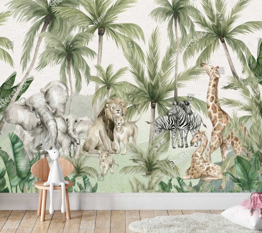 PAPEL DE PAREDE FLORESTA SAFARI COM ANIMAIS AQUARELA