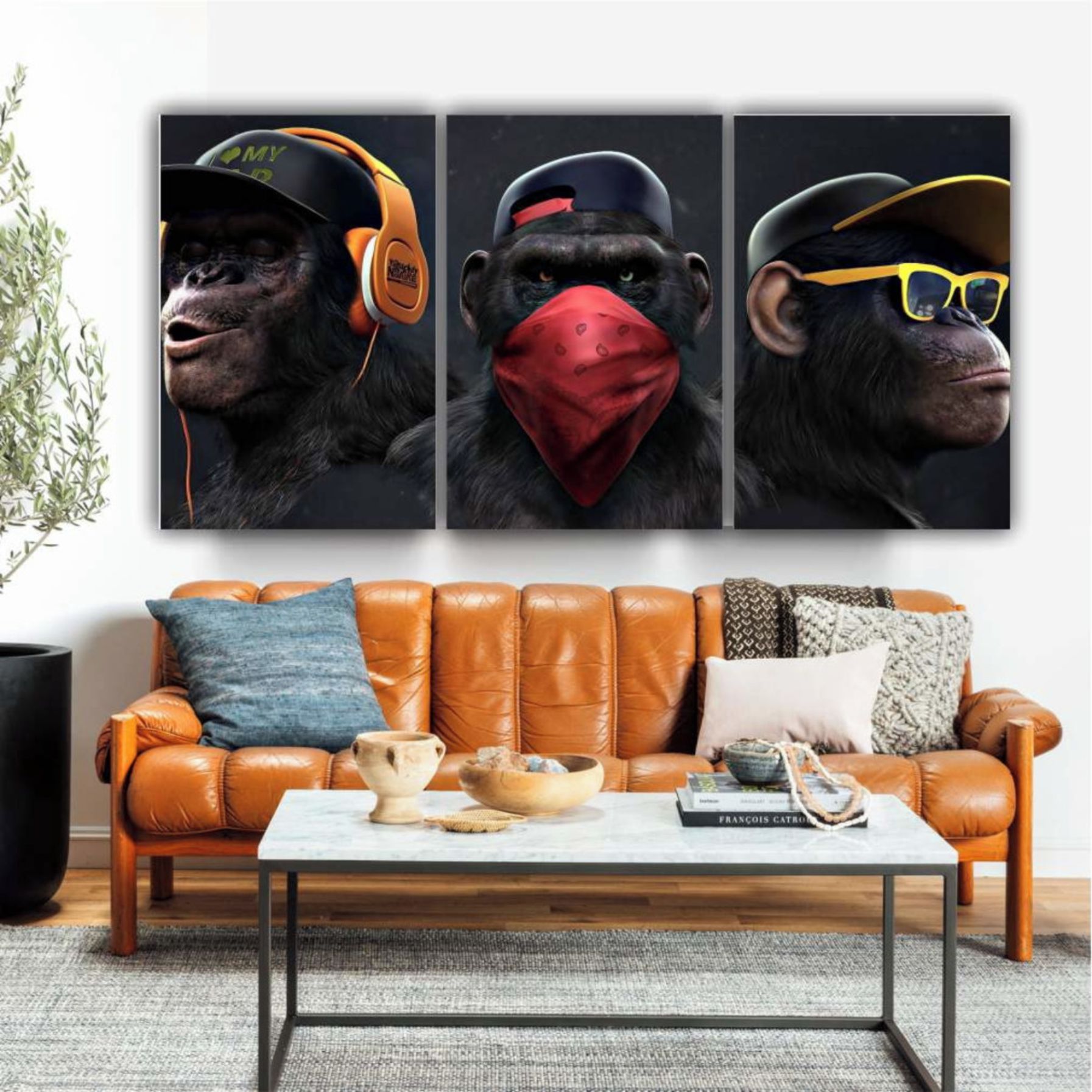 QUADRO CANVAS COM MOLDURA MADEIRA MACACOS