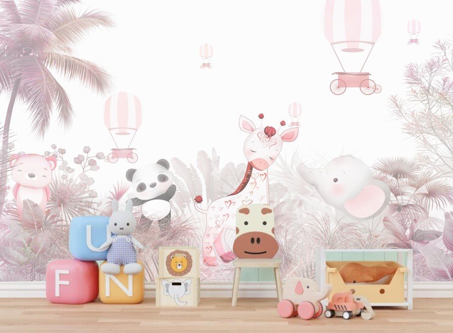 PAPEL DE PAREDE SAFARI INFANTIL DELICADO ROSA