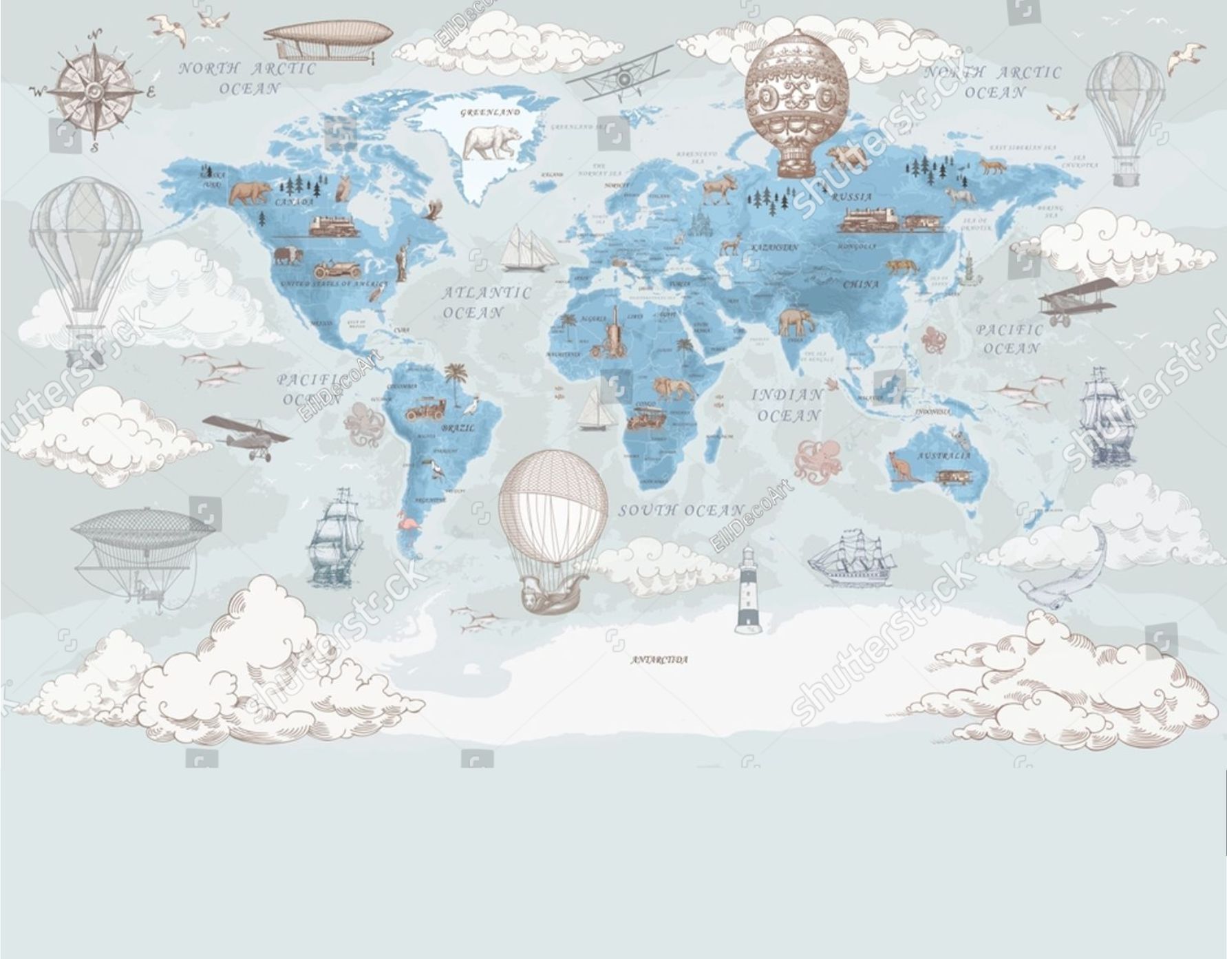 PAPEL DE PAREDE MAPA MUNDO INFANTIL COR AZUL