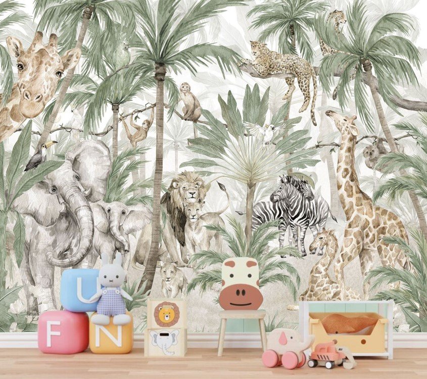PAPEL DE PAREDE SAFARI INFANTIL AQUARELADO