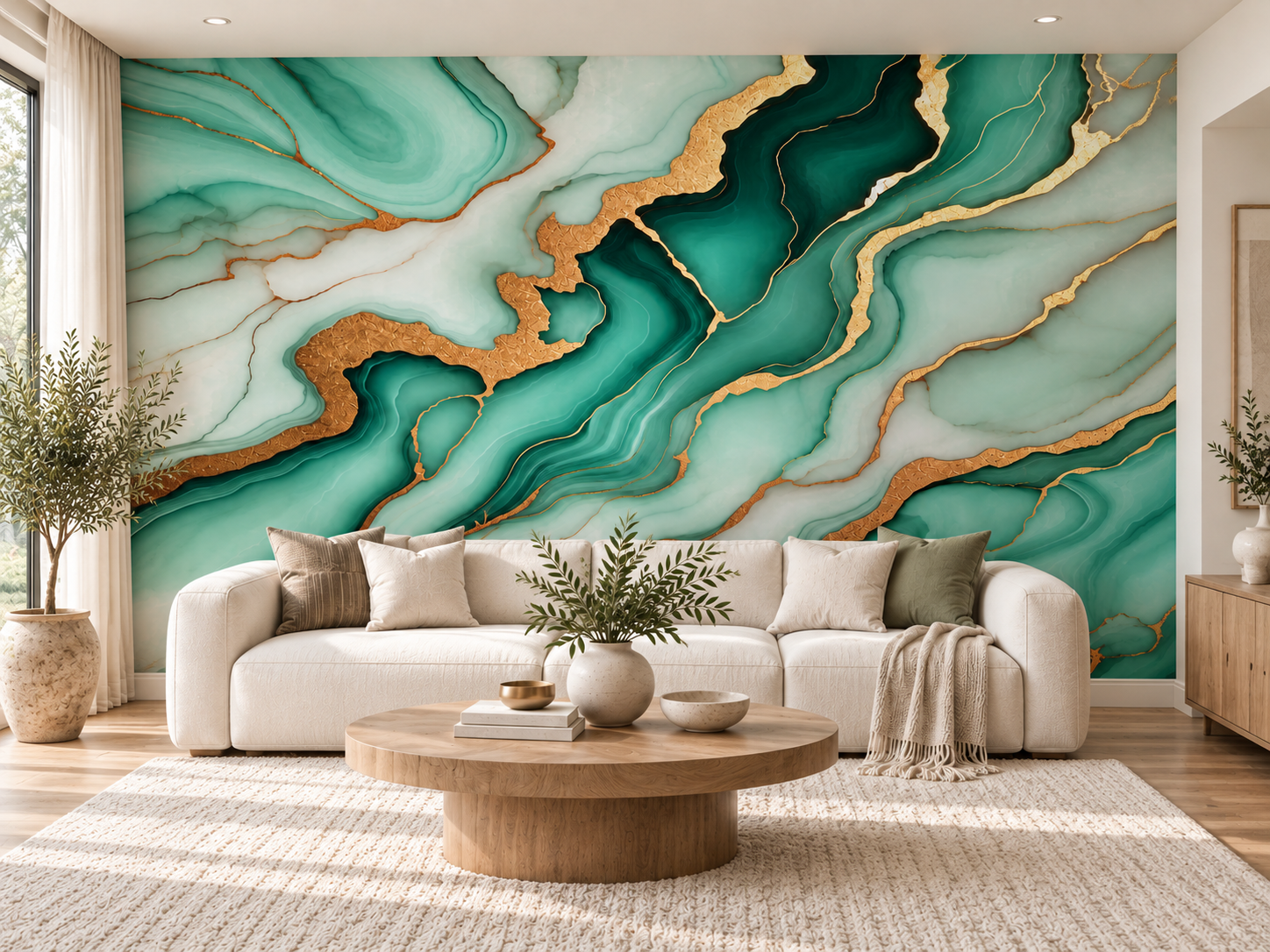 PAPEL DE PAREDE MARMORE VERDE COM DOURADO