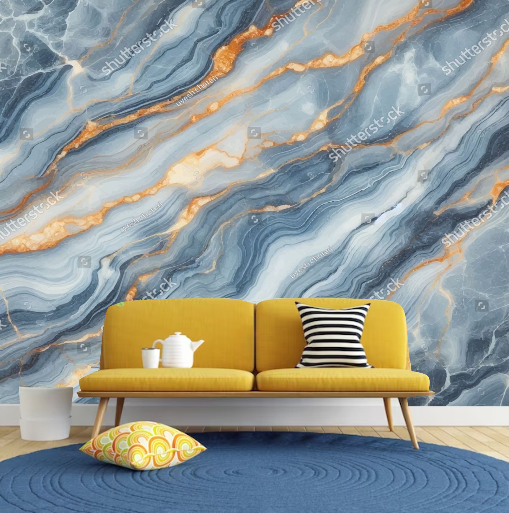 PAPEL DE PAREDE MARMORE TONS AZUL COM DOURADO