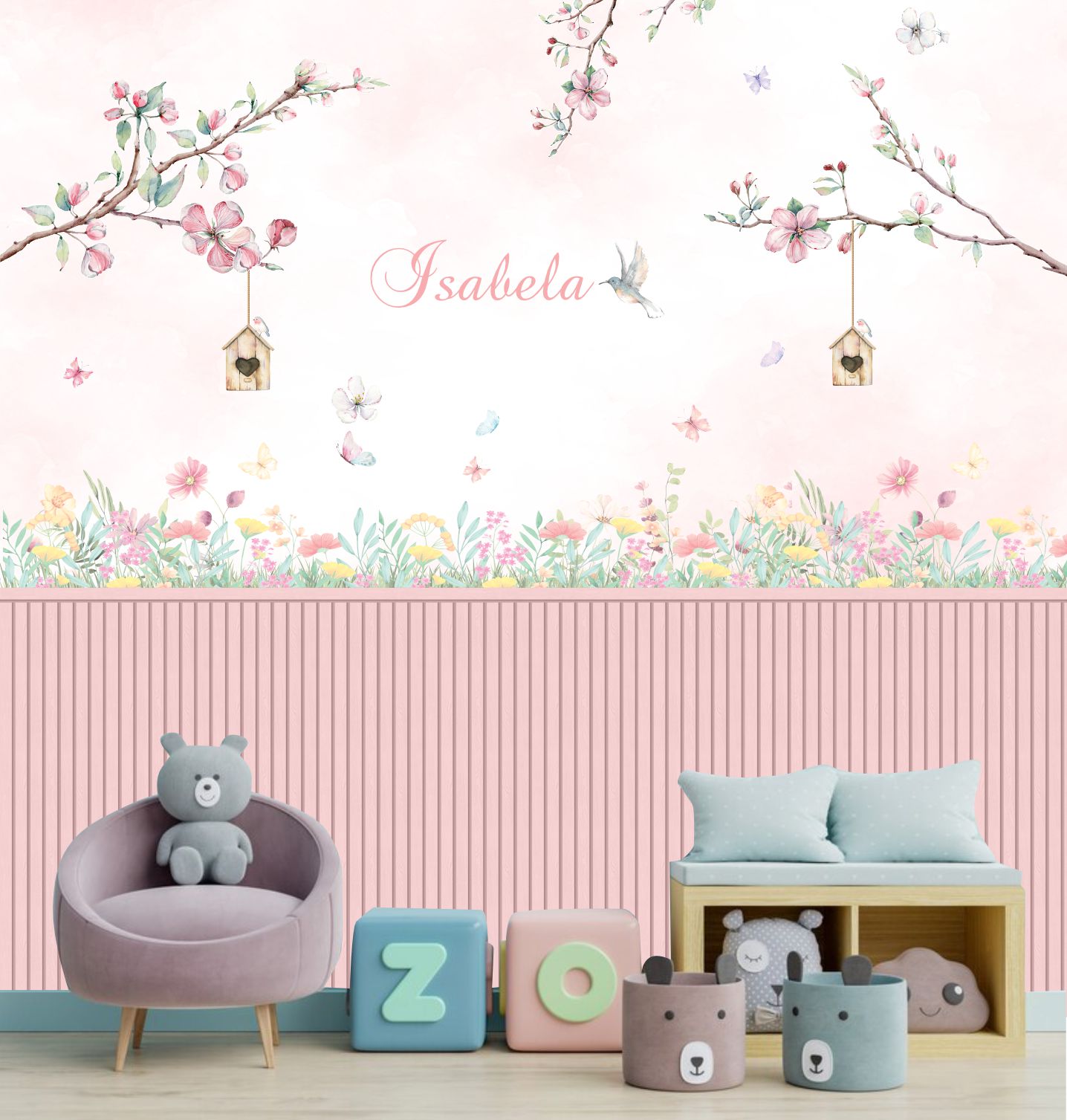 PAPEL DE PAREDE ARVORES GALHOS FLORES FLORAL AQUARELA COM RIPADO MEIA PAREDE