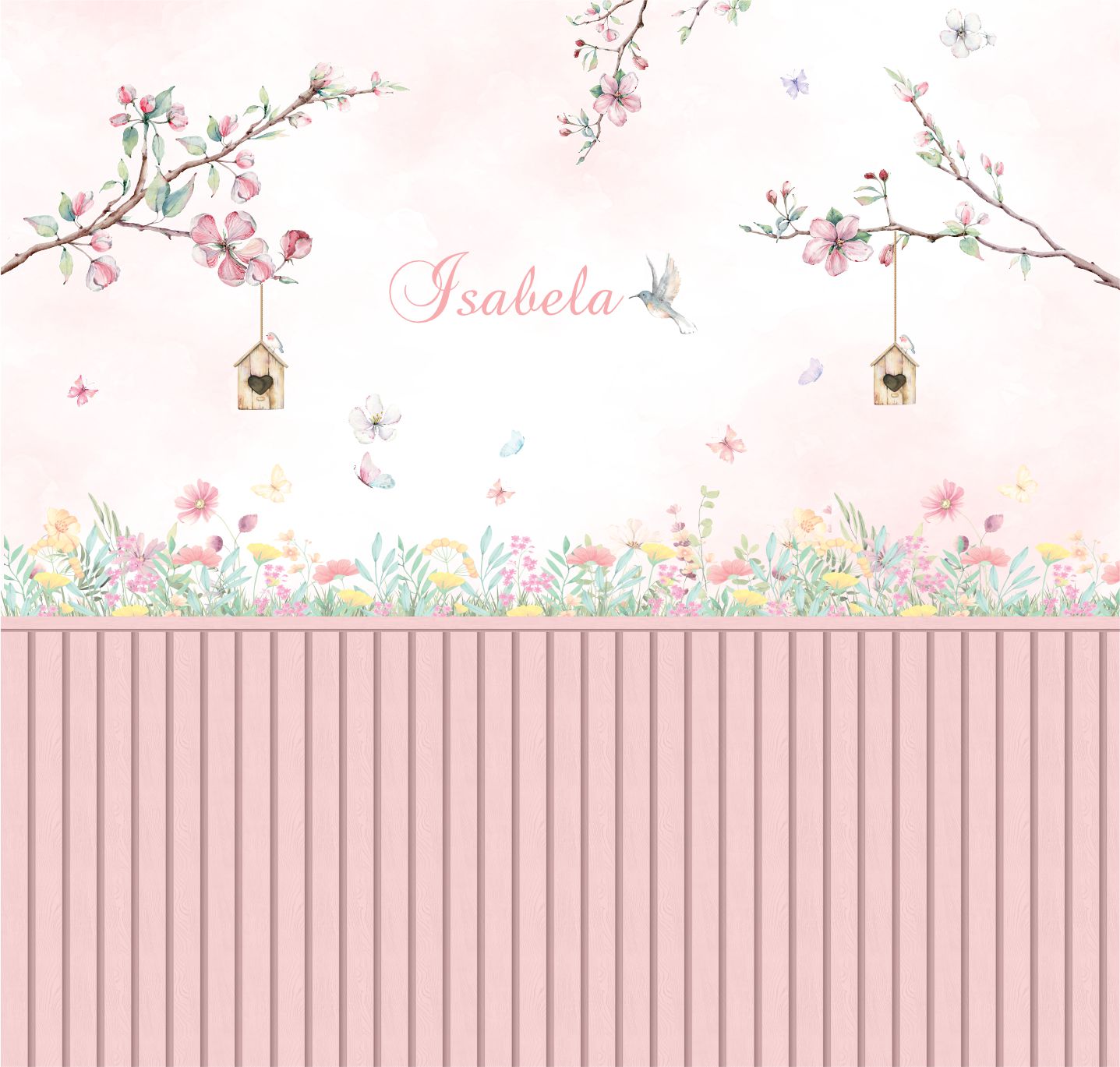 PAPEL DE PAREDE ARVORES GALHOS FLORES FLORAL AQUARELA COM RIPADO MEIA PAREDE