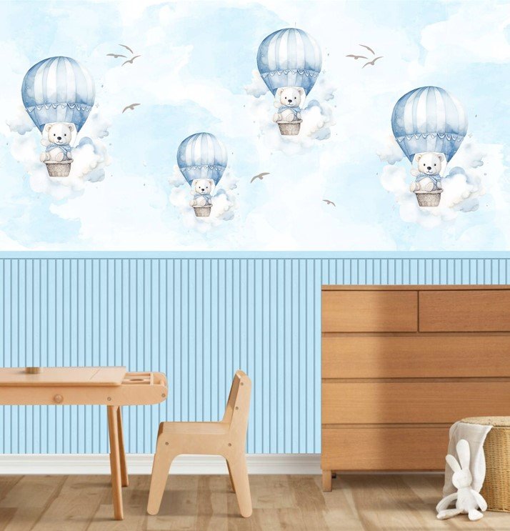 PAPEL DE PAREDE URSOS COM NUVENS AQUARELA E RIPADO AZUL