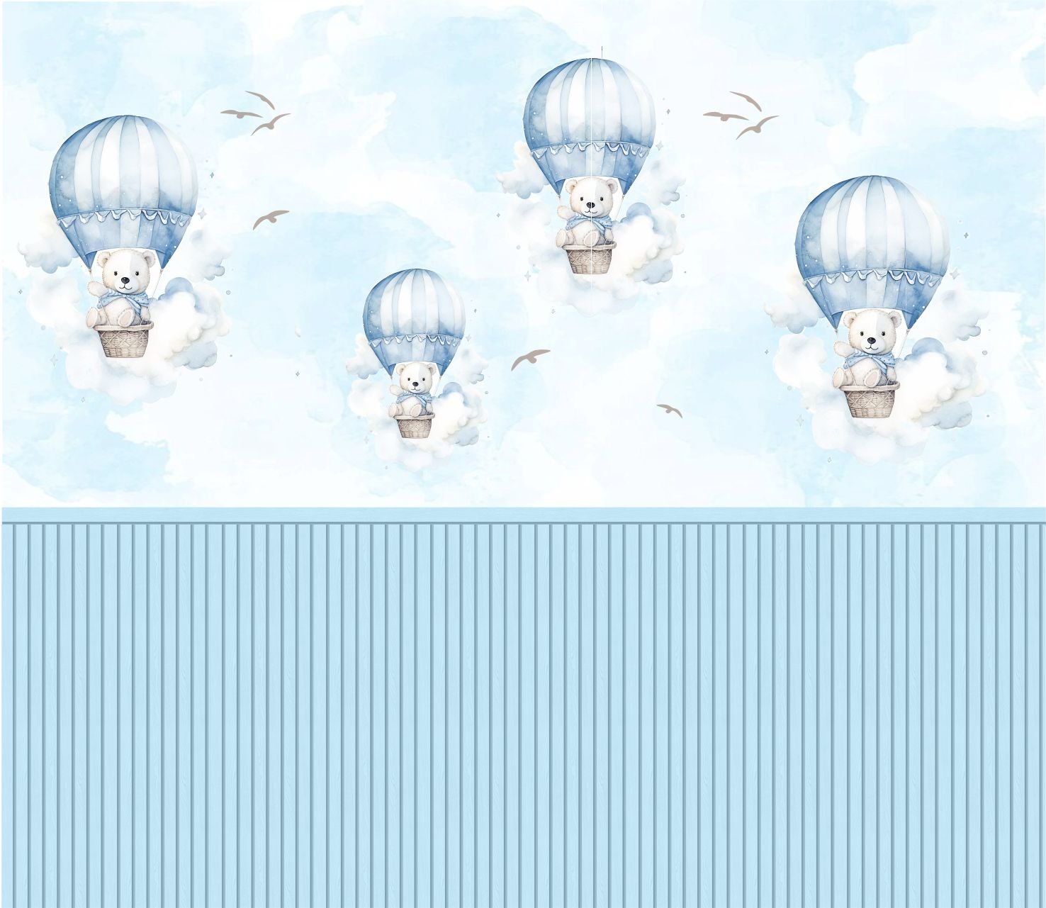 PAPEL DE PAREDE URSOS COM NUVENS AQUARELA E RIPADO AZUL