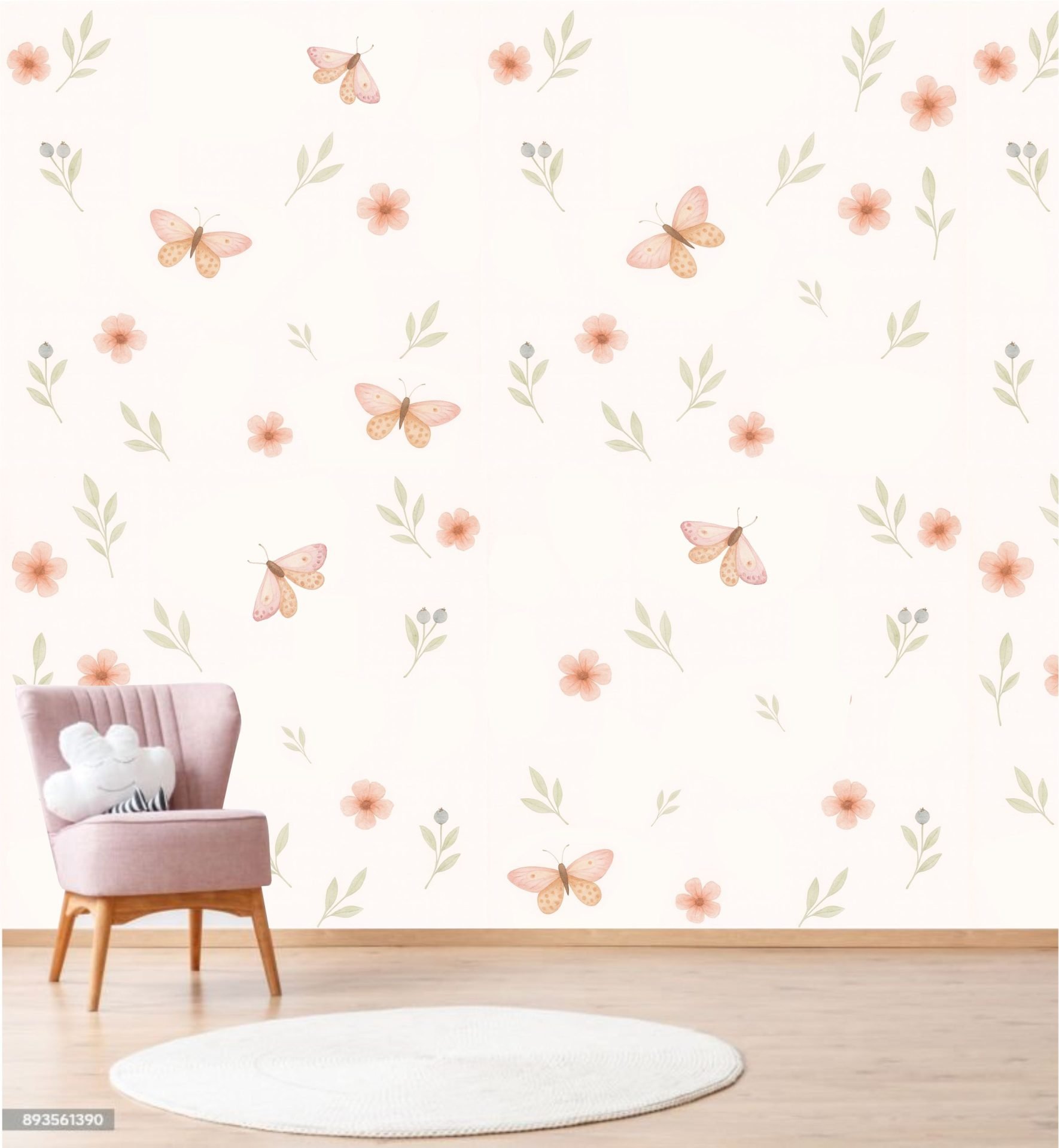 PAPEL DE PAREDE BORBOLETA COM FLORES AQUARELA FUNDO ROSA