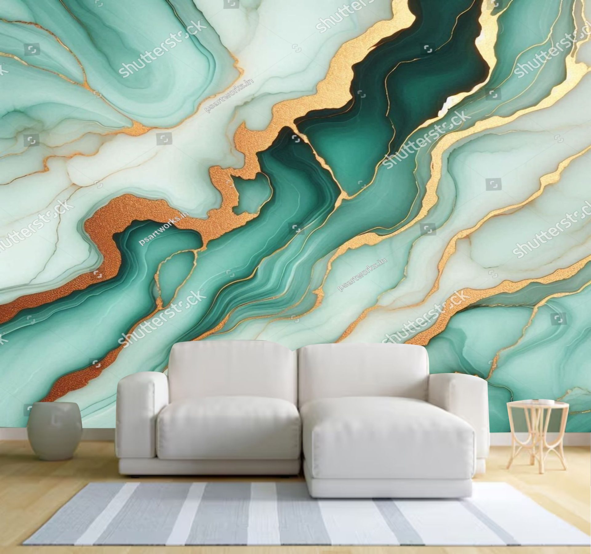 PAPEL DE PAREDE MARMORE VERDE COM DOURADO