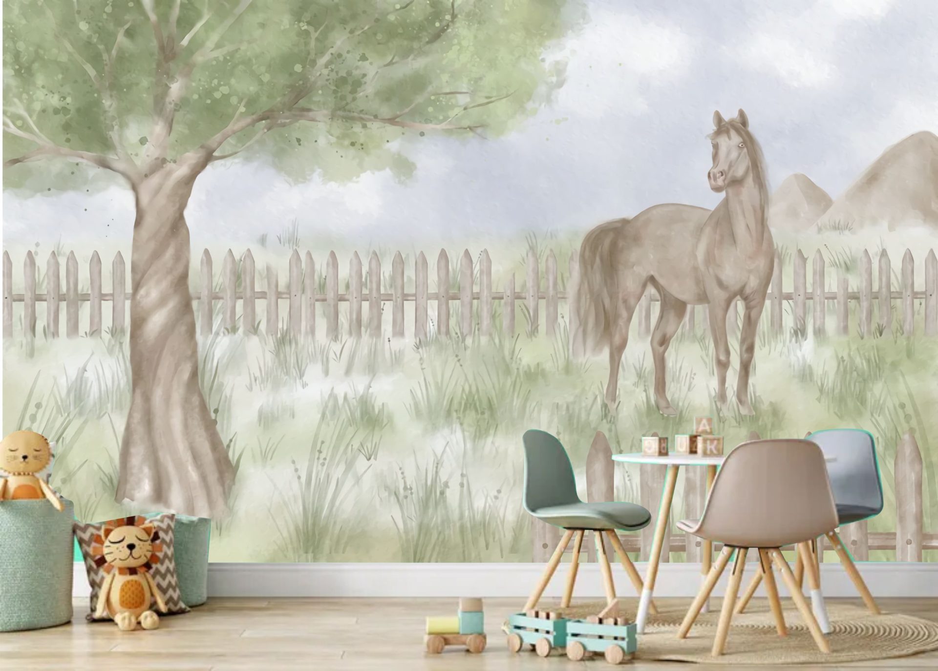 PAPEL DE PAREDE CAVALO FAZENDO COM ARVORE AQUARELA