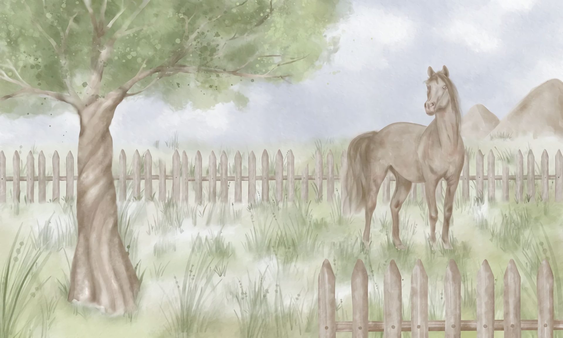 PAPEL DE PAREDE CAVALO FAZENDO COM ARVORE AQUARELA