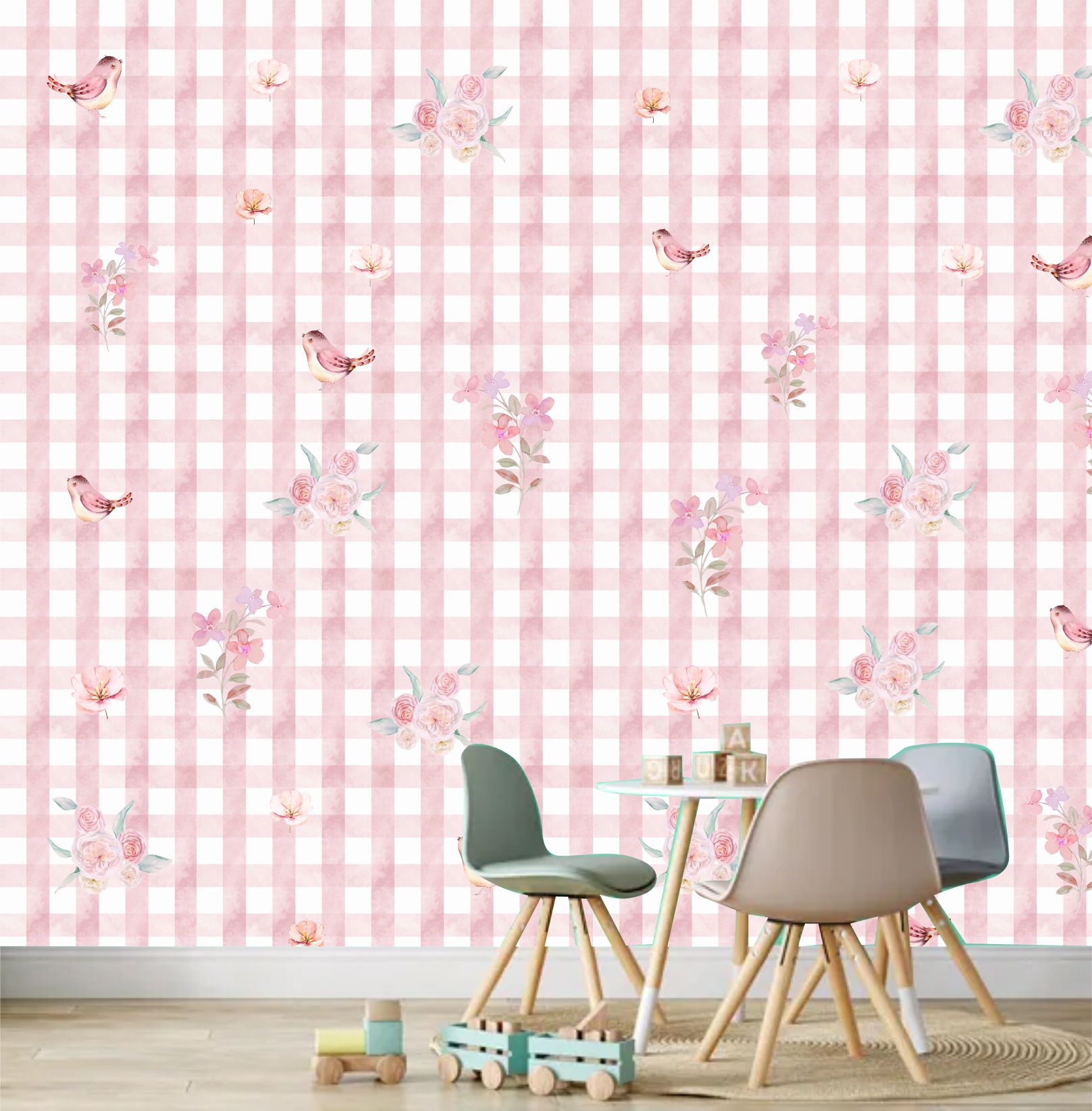 papel de parede vichy xadrez rosa com passaros e flores