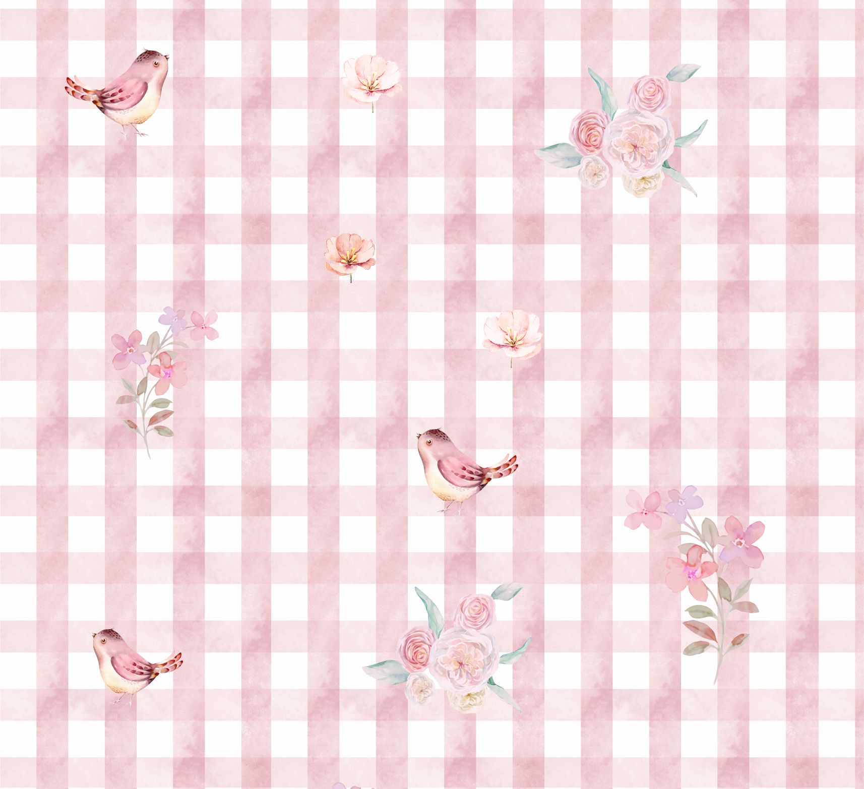 papel de parede vichy xadrez rosa com passaros e flores
