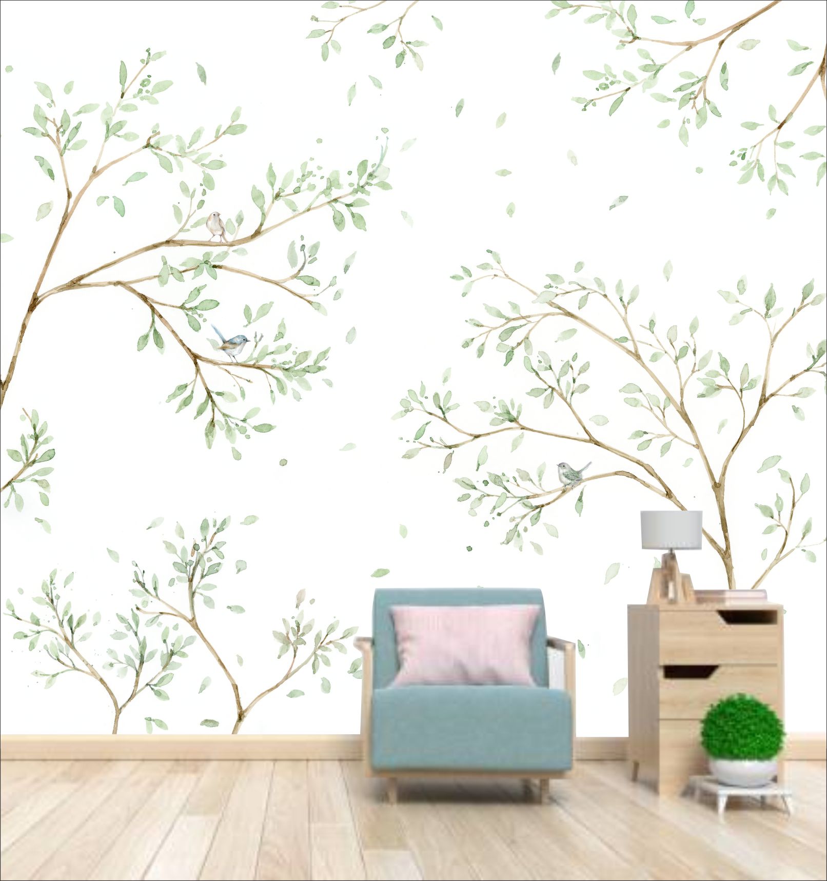 PAPEL DE PAREDE ARVORE AQUARELA COM PASSAROS