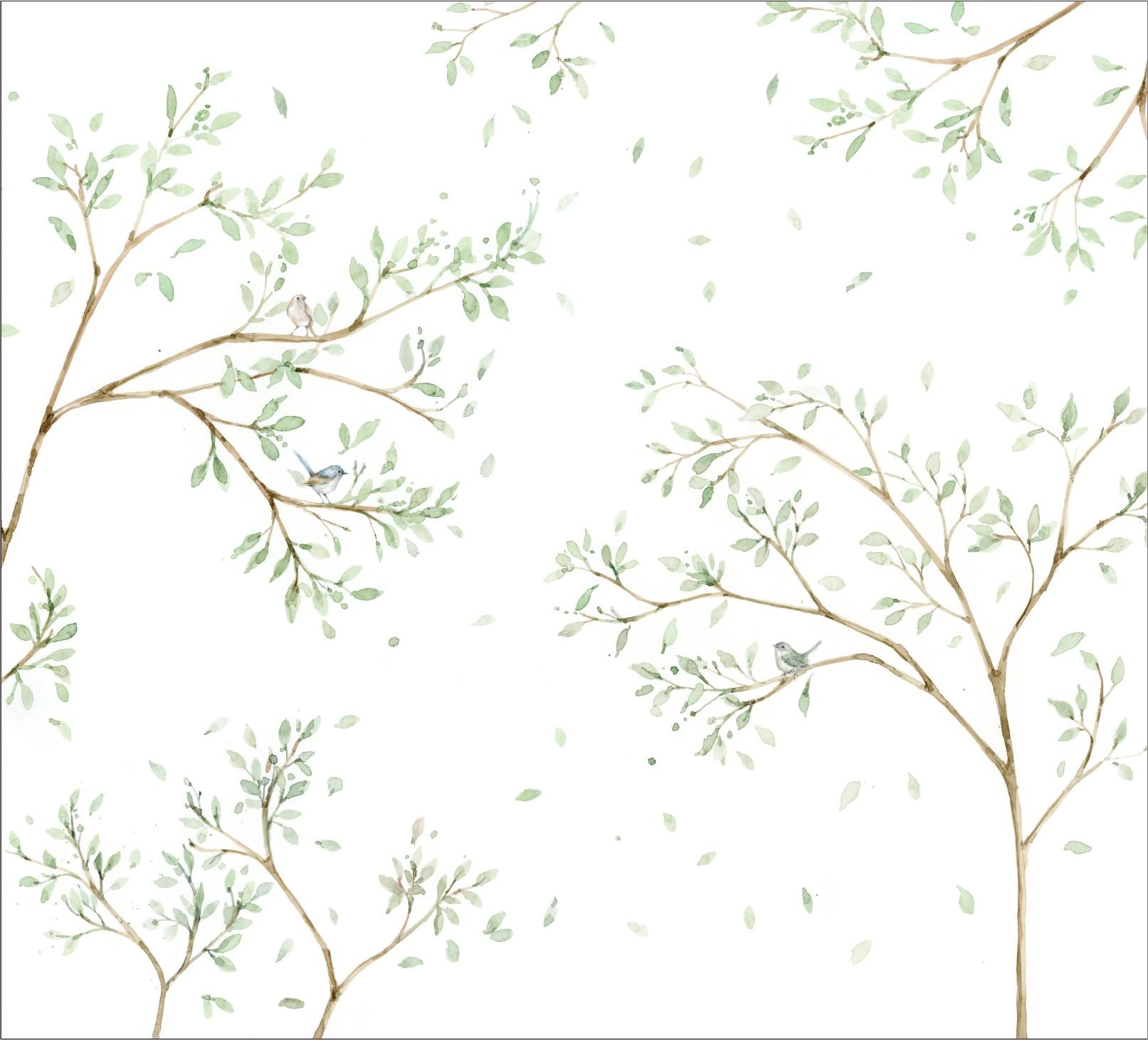 PAPEL DE PAREDE ARVORE AQUARELA COM PASSAROS