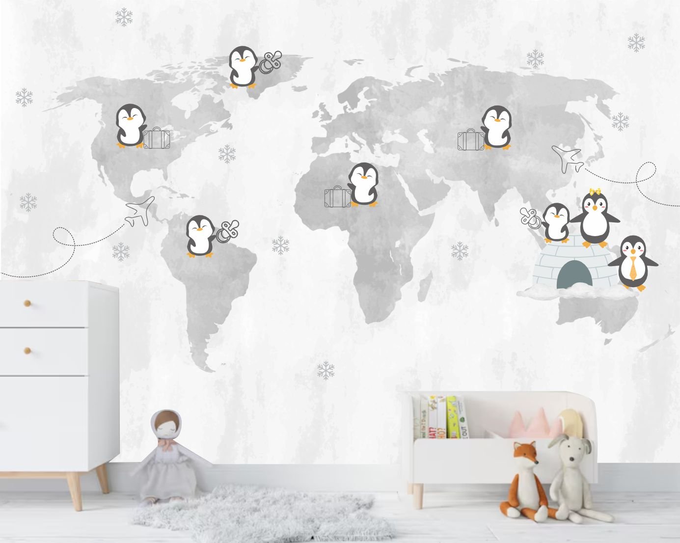 PAPEL DE PAREDE MAPA MUNDI COM PINGUINS