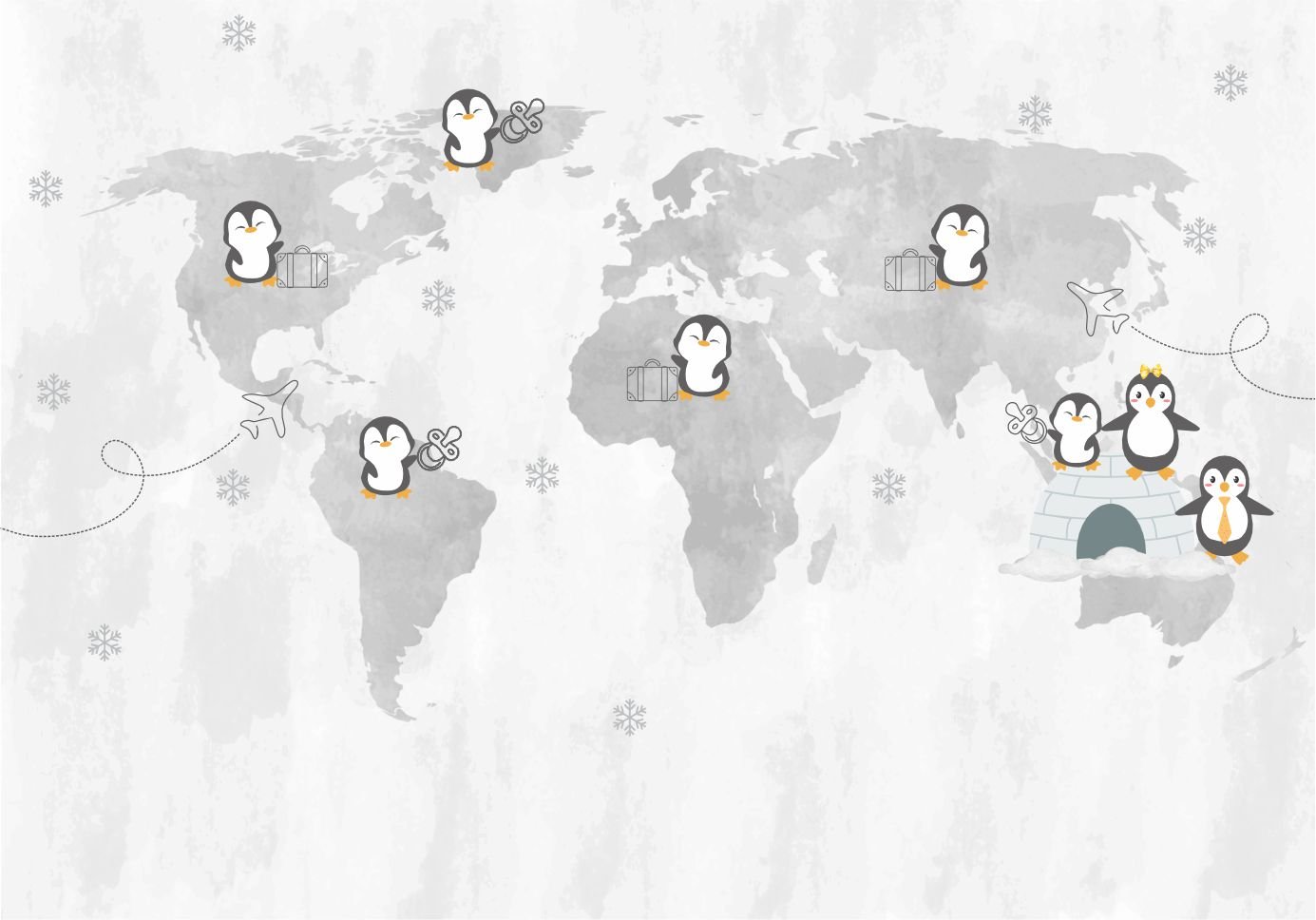 PAPEL DE PAREDE MAPA MUNDI COM PINGUINS