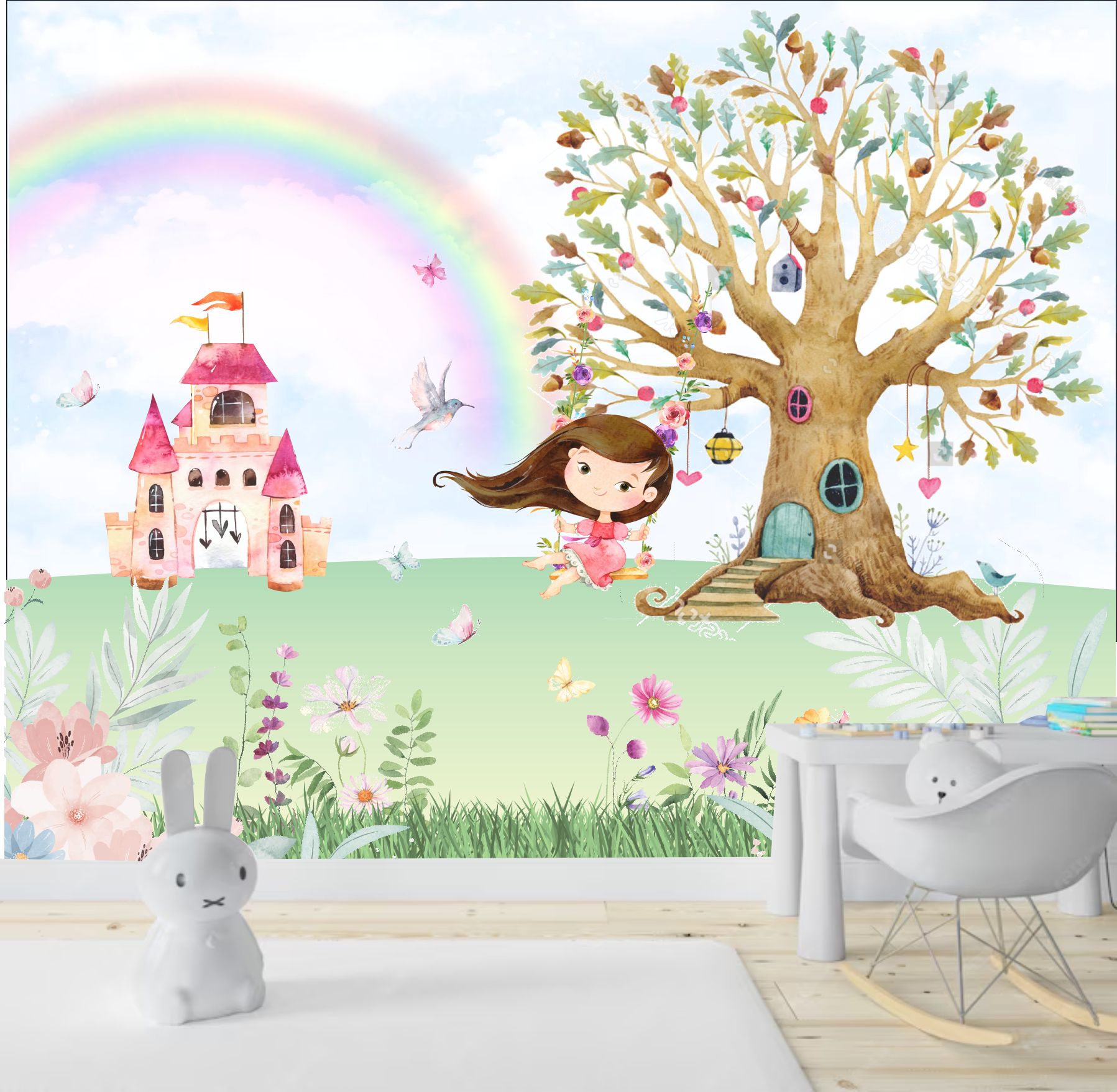 PAPEL DE PAREDE JARDIM COM ARVORE MENINA NO BALANÇO E CASTELO