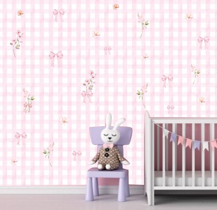 PAPEL DE PAREDE XADREZ VICHY ROSA COM FLORES E LAÇOS AQUARELA