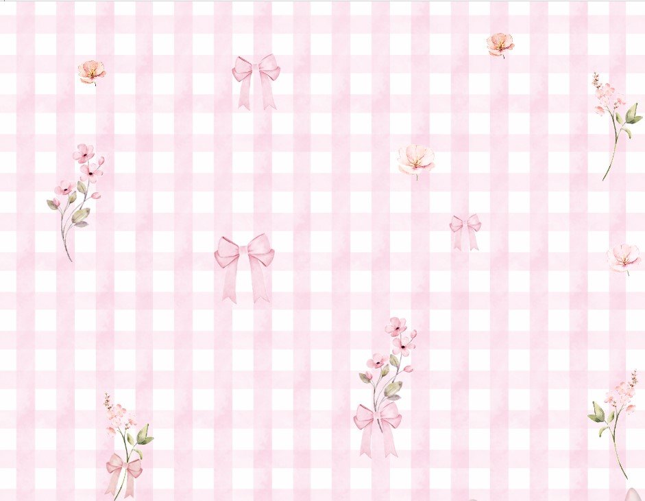 PAPEL DE PAREDE XADREZ VICHY ROSA COM FLORES E LAÇOS AQUARELA