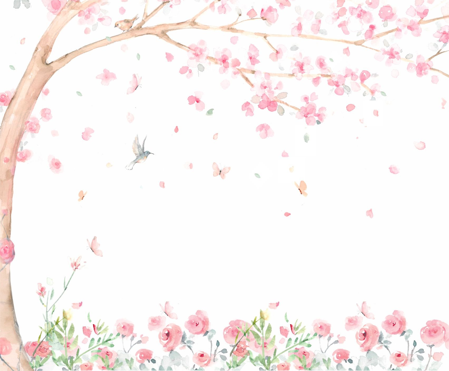 PAPEL DE PAREDE ARVORE AQUARELA COM BORBOLETAS E BEIJA FLOR