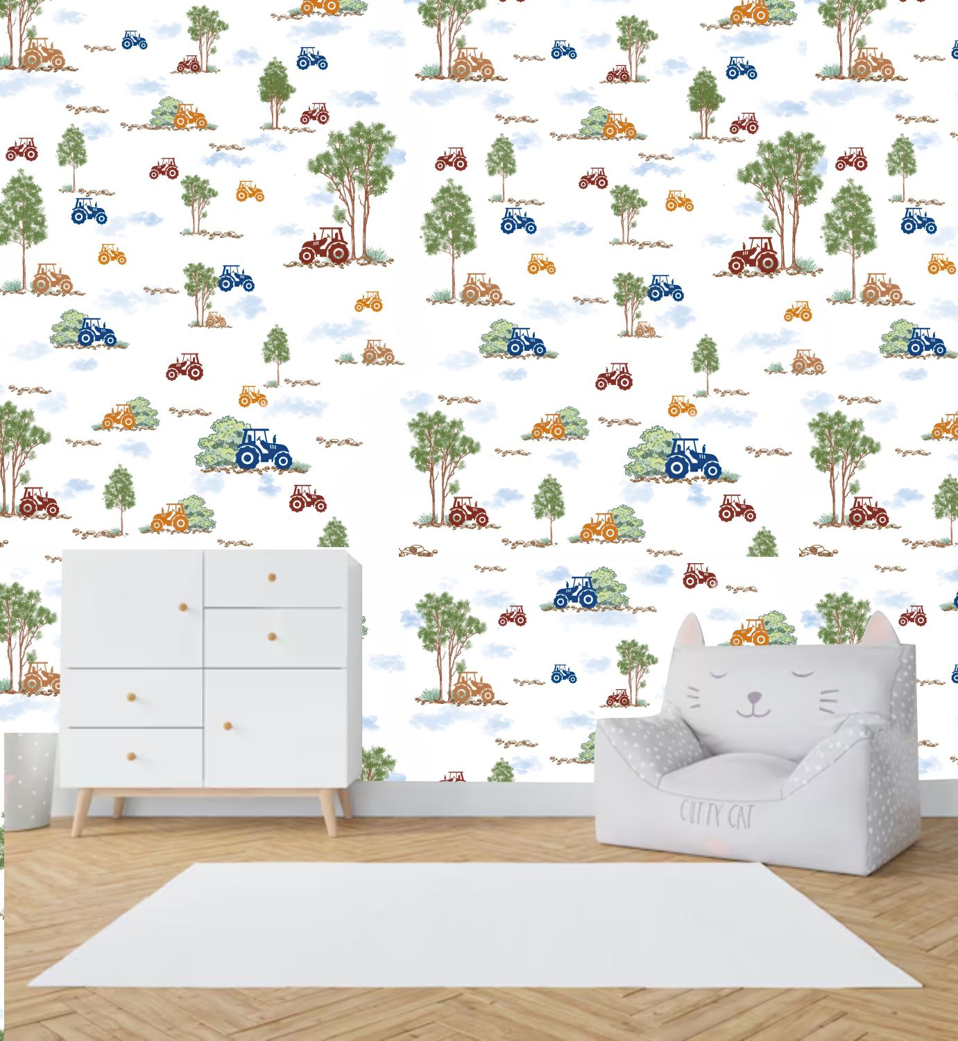 PAPEL PAREDE TRATOR COM ARVORES AQUARELA