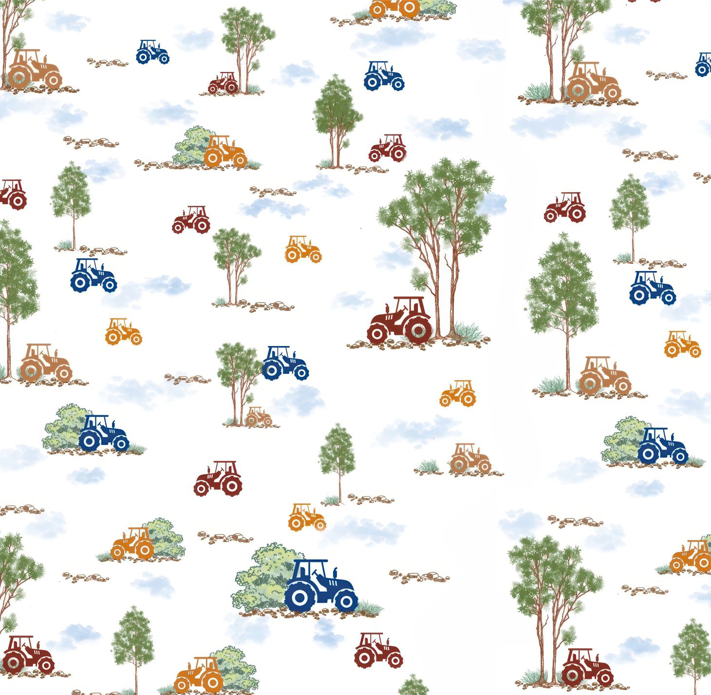 PAPEL PAREDE TRATOR COM ARVORES AQUARELA