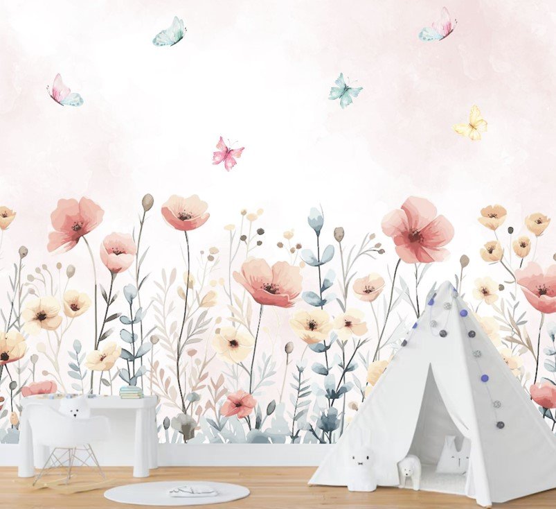 PAPEL DE PAREDE FLORAL FLORES AQUARELA COM BORBOLETAS JARDIM