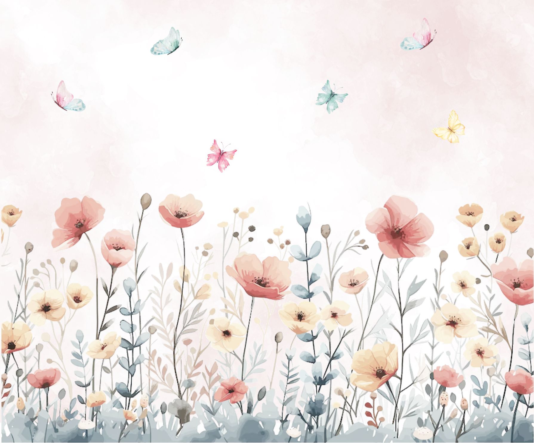 PAPEL DE PAREDE FLORAL FLORES AQUARELA COM BORBOLETAS JARDIM