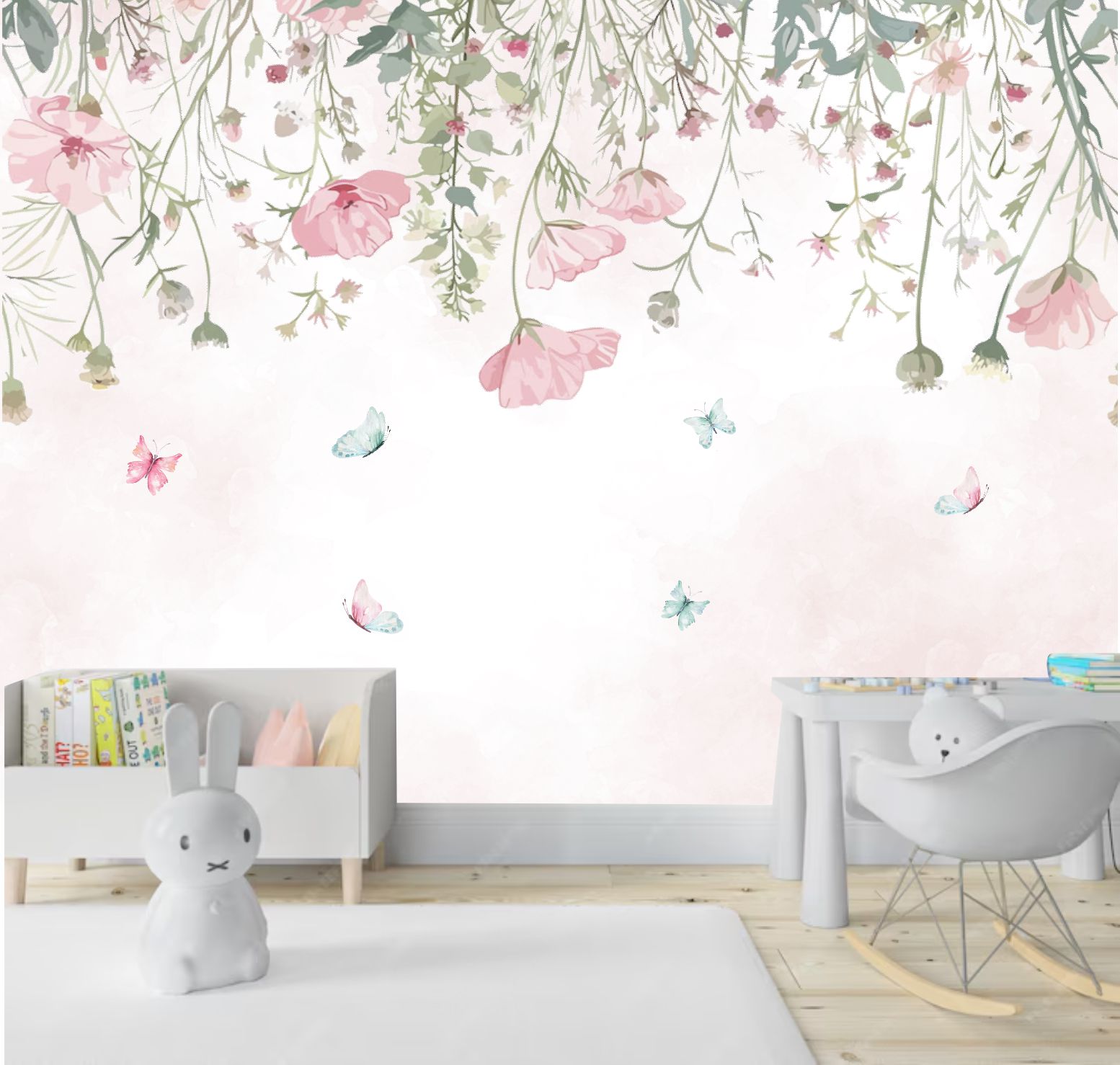 PAPEL DE PAREDE FLORES SAINDO DO TETO COM BORBOLETAS JARDIM