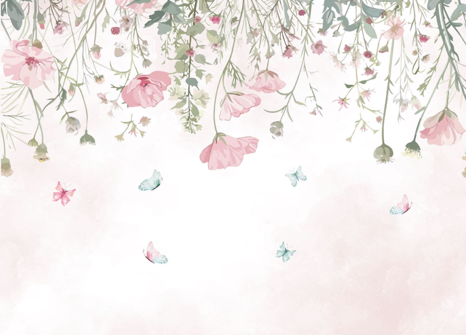 PAPEL DE PAREDE FLORES SAINDO DO TETO COM BORBOLETAS JARDIM
