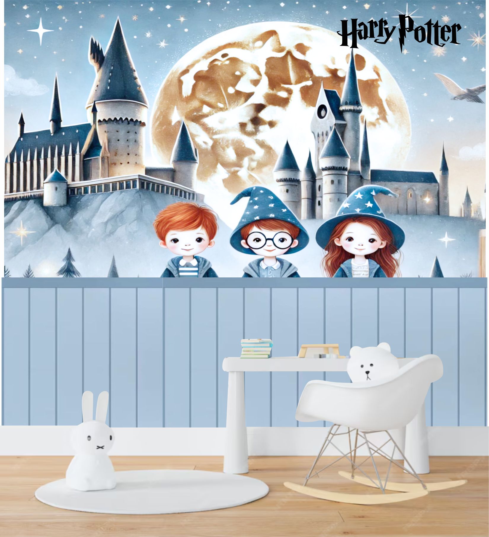 PAPEL DE PAREDE HARRY POTTER com ripado madeira AZUL