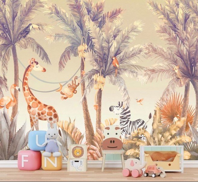 PAPEL DE PAREDE SAFARI VINTAGE INFANTIL AQUARELA