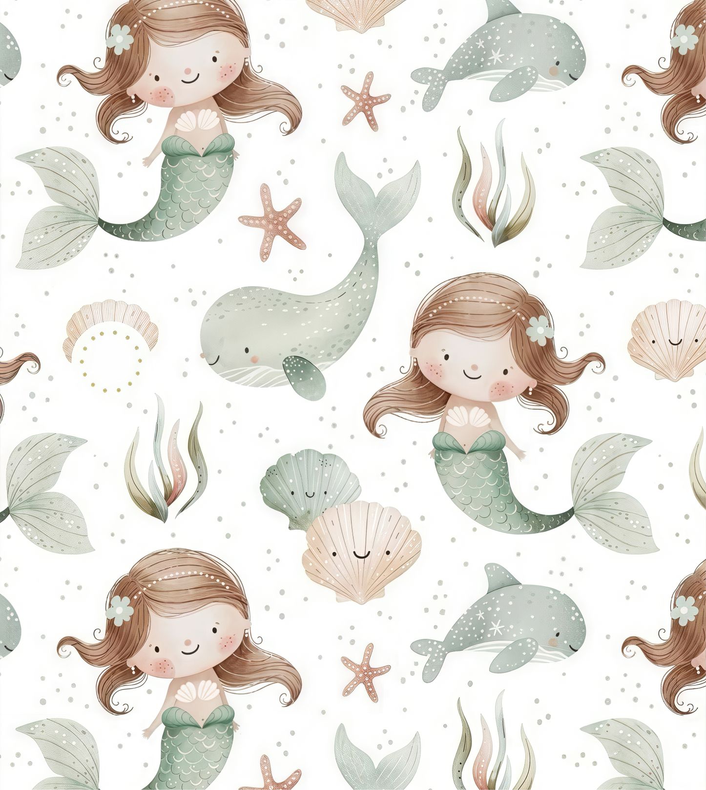 PAPEL DE PAREDE SEREIA AQUARELA FUNDO DO MAR TONS DE VERDE
