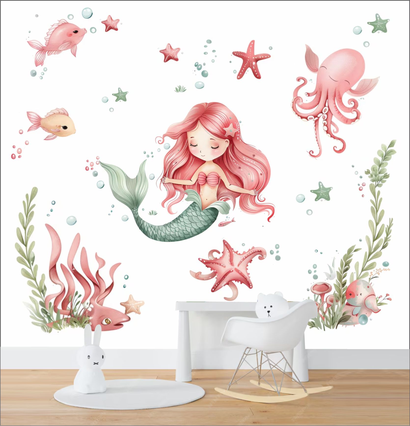 PAPEL DE PAREDE SEREIA FUNDO DO MAR AQUARELA