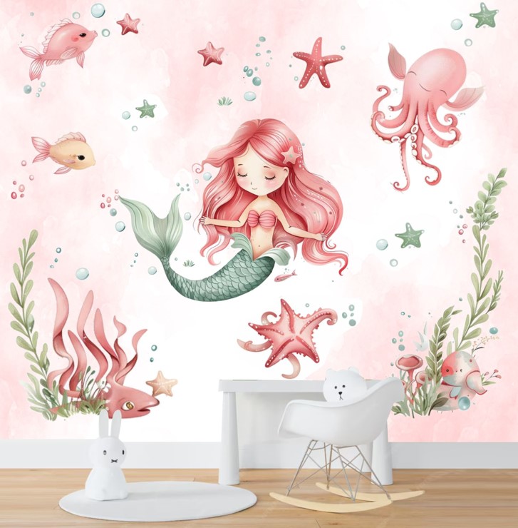 PAPEL DE PAREDE SEREIA FUNDO DO MAR AQUARELA