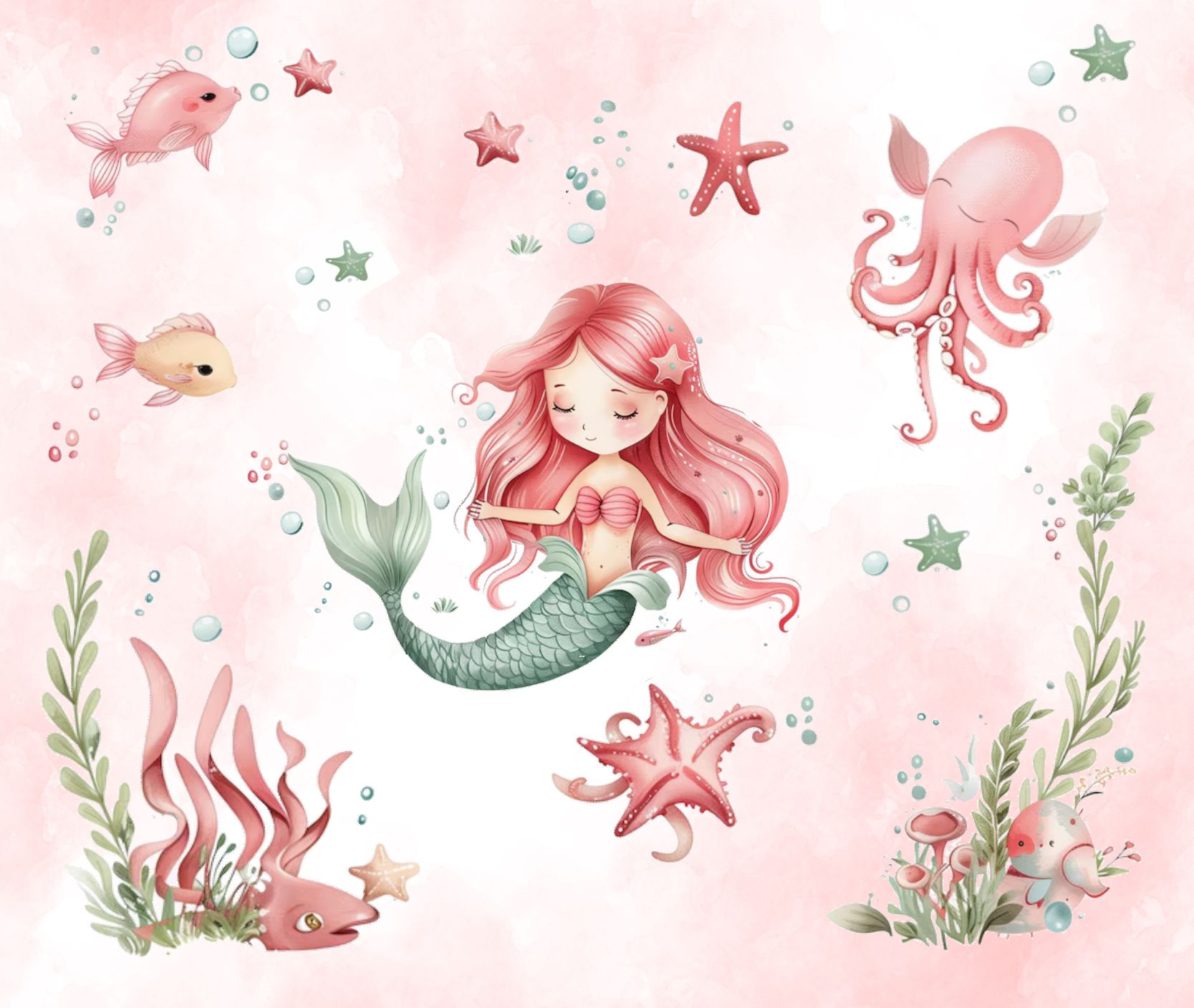 PAPEL DE PAREDE SEREIA FUNDO DO MAR AQUARELA