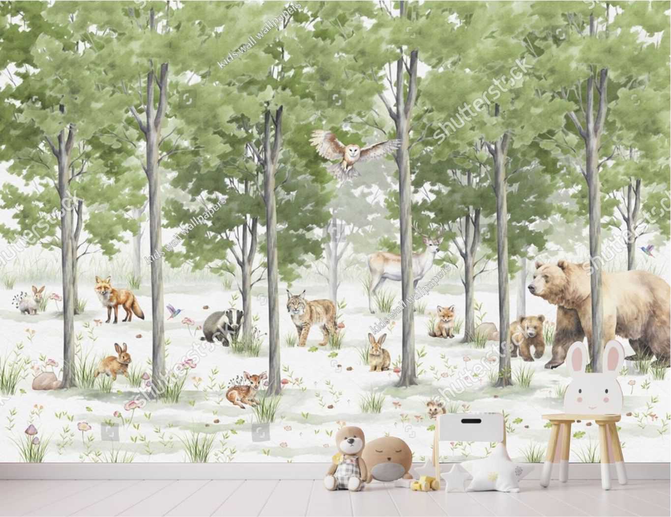 PAPEL DE PAREDE ANIMAIS NA FLORESTA - AQUARELA