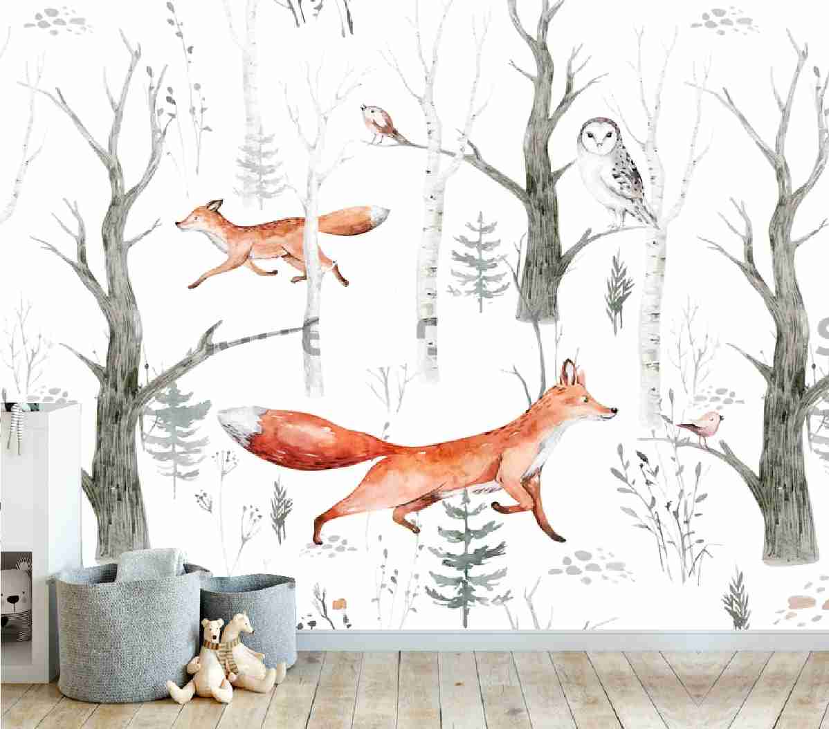PAPEL DE PAREDE RAPOSA NA FLORESTA AQUARELA