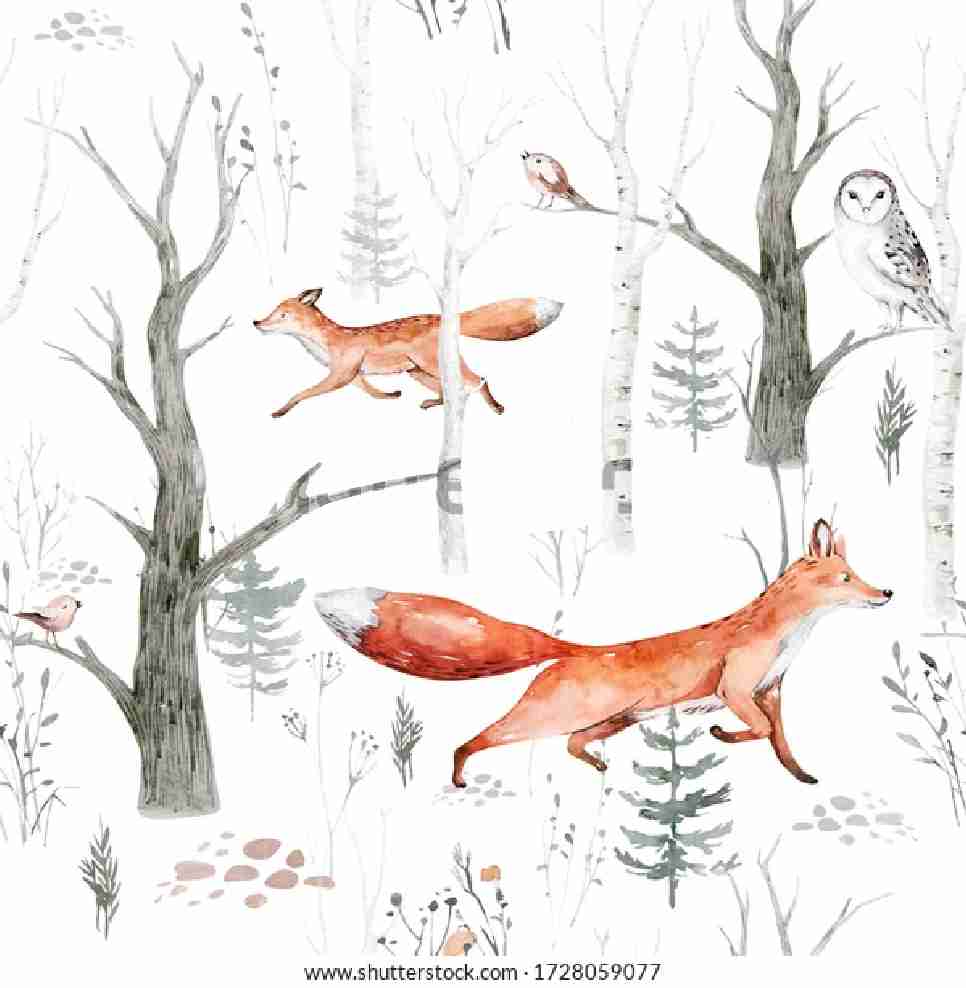 PAPEL DE PAREDE RAPOSA NA FLORESTA AQUARELA