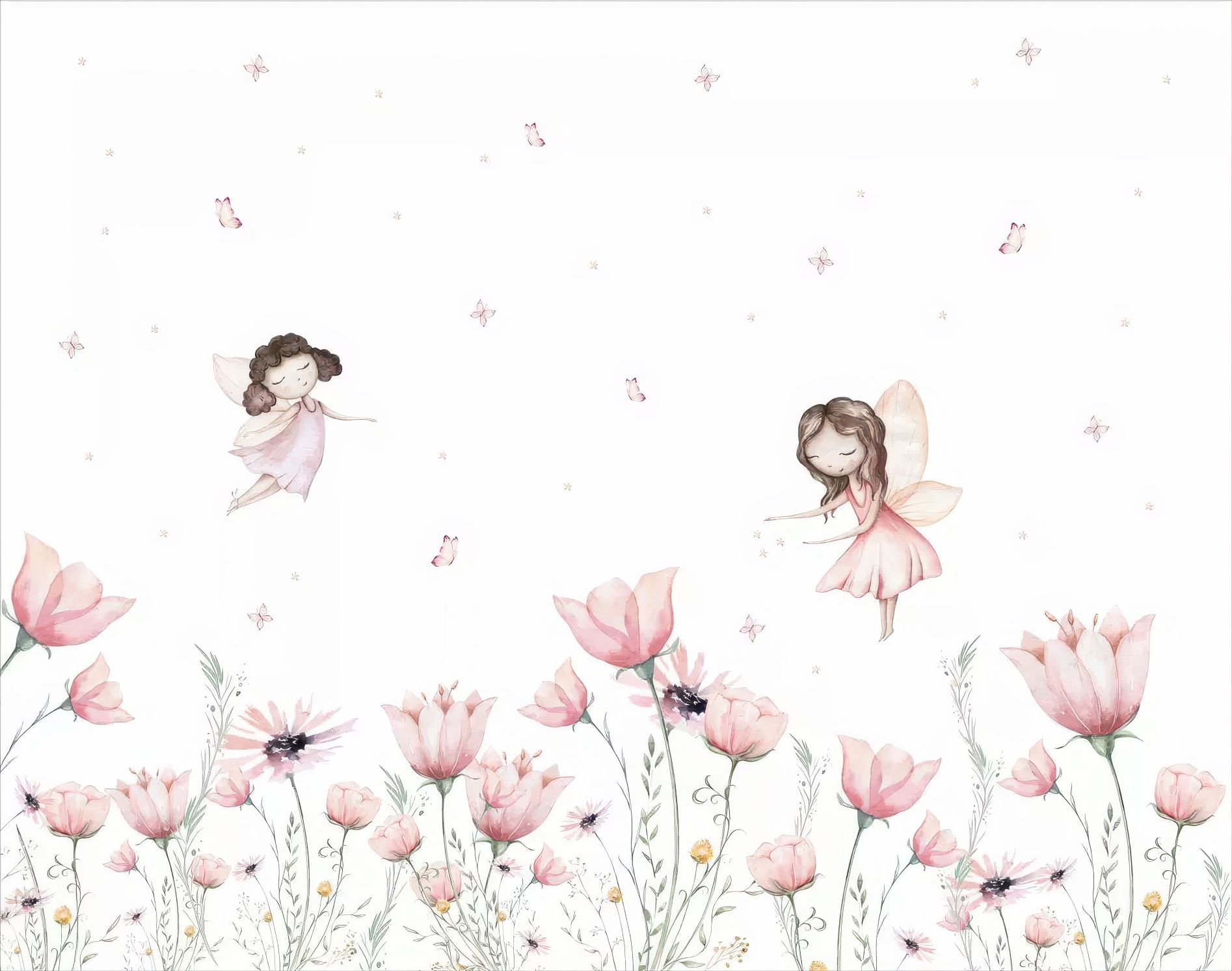 PAPEL DE PAREDE FADAS COM FLORES AQUARELA ROSAS