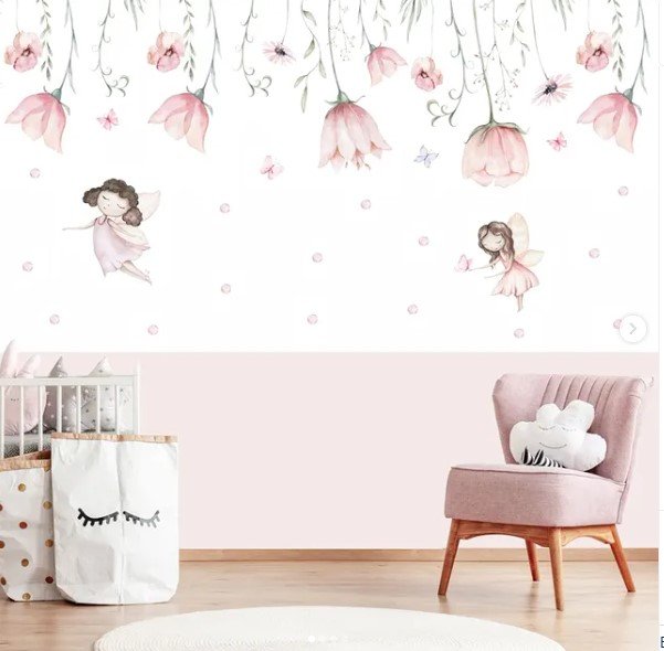 PAPEL DE PAREDE FADAS COM FLORES AQUARELA ROSAS