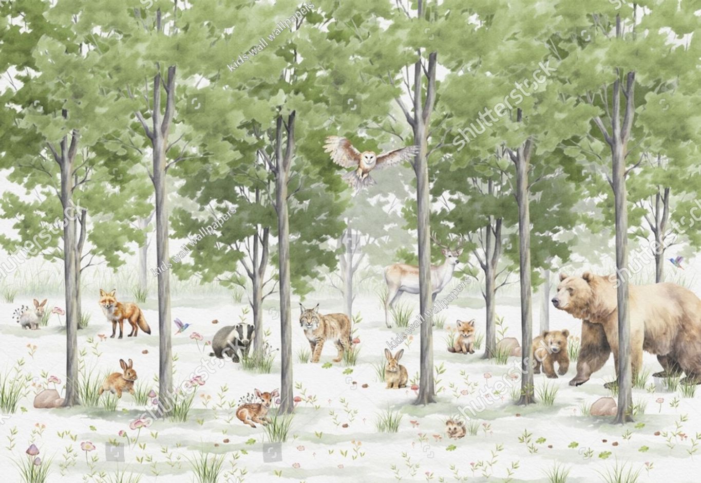 PAPEL DE PAREDE ANIMAIS NA FLORESTA - AQUARELA