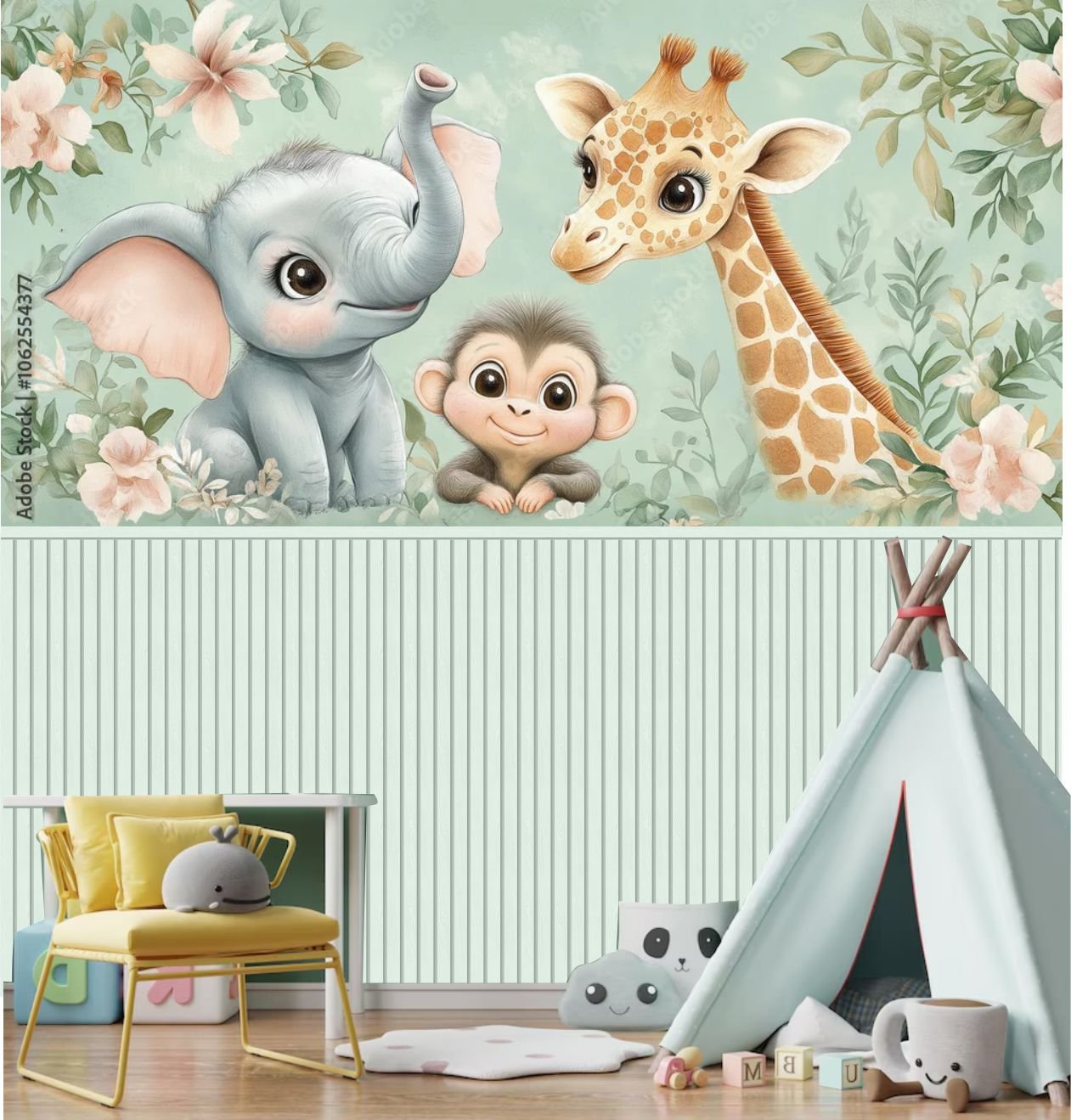 PAPEL DE PAREDE SAFARI ELEFANTE MACACO E GIRAFA e RIPADO VERDE