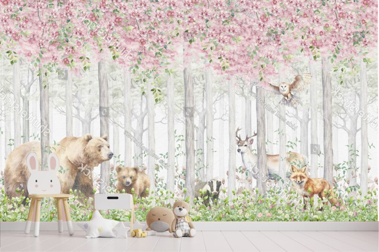 PAPEL DE PAREDE FLORESTA DE ARVORE CEREJEIRA COM ANIMAIS